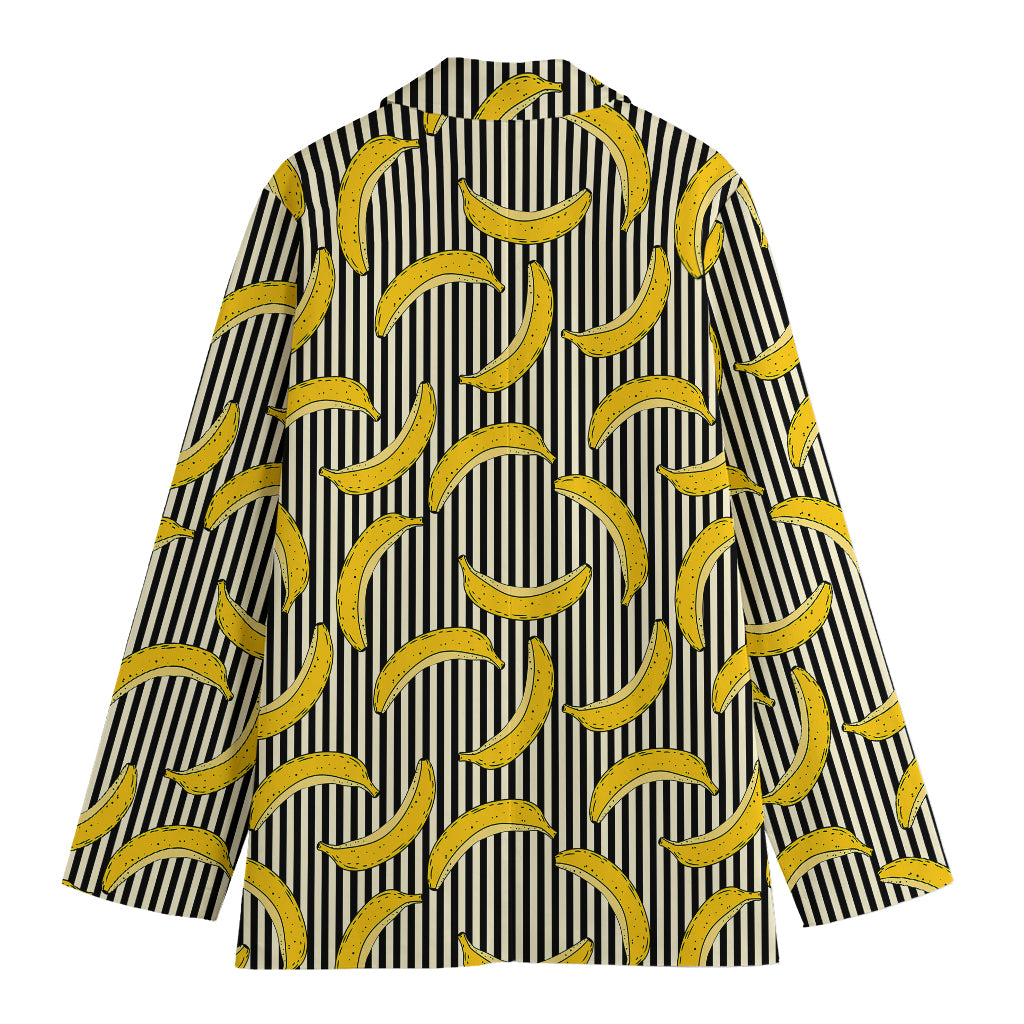 Black Striped Banana Pattern Print Women's Cotton Blazer