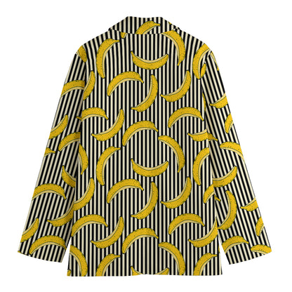 Black Striped Banana Pattern Print Women's Cotton Blazer