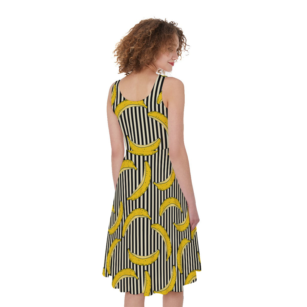 Black Striped Banana Pattern Print Women's Sleeveless Dress