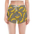 Black Striped Banana Pattern Print Women's Split Running Shorts