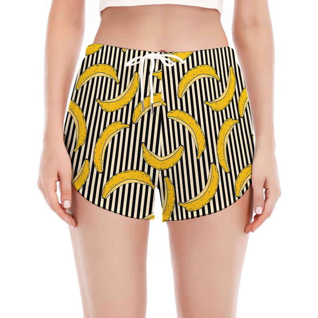 Black Striped Banana Pattern Print Women's Split Running Shorts