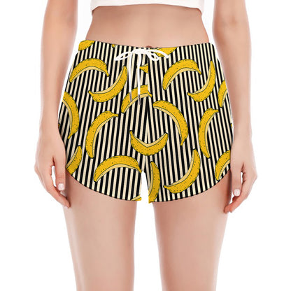 Black Striped Banana Pattern Print Women's Split Running Shorts