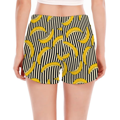 Black Striped Banana Pattern Print Women's Split Running Shorts