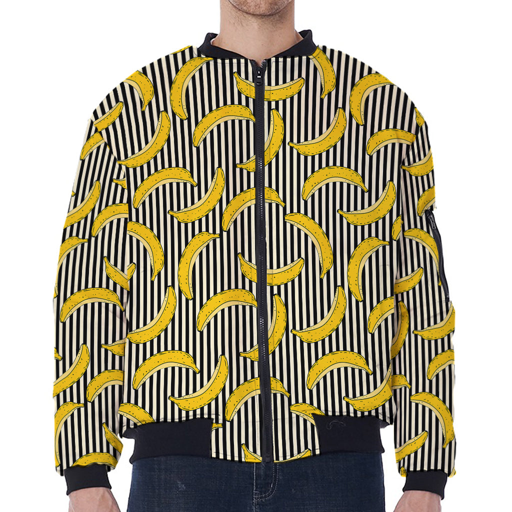 Black Striped Banana Pattern Print Zip Sleeve Bomber Jacket
