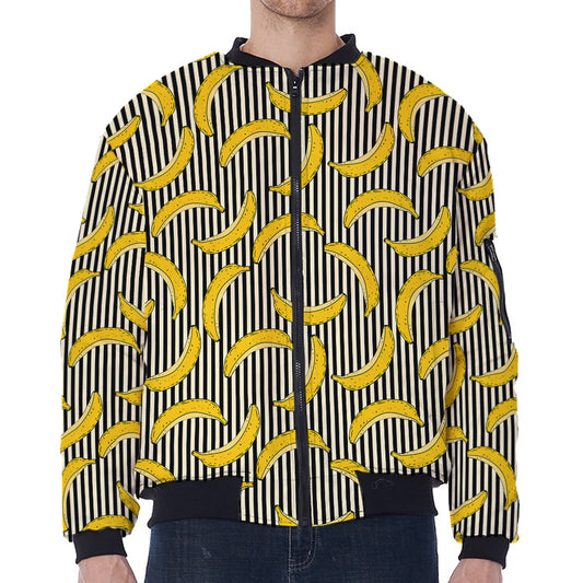 Black Striped Banana Pattern Print Zip Sleeve Bomber Jacket