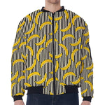 Black Striped Banana Pattern Print Zip Sleeve Bomber Jacket