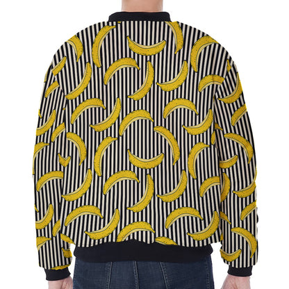 Black Striped Banana Pattern Print Zip Sleeve Bomber Jacket