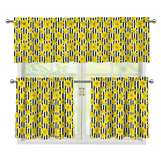 Black Striped Daffodil Pattern Print 3 Piece Kitchen Curtains