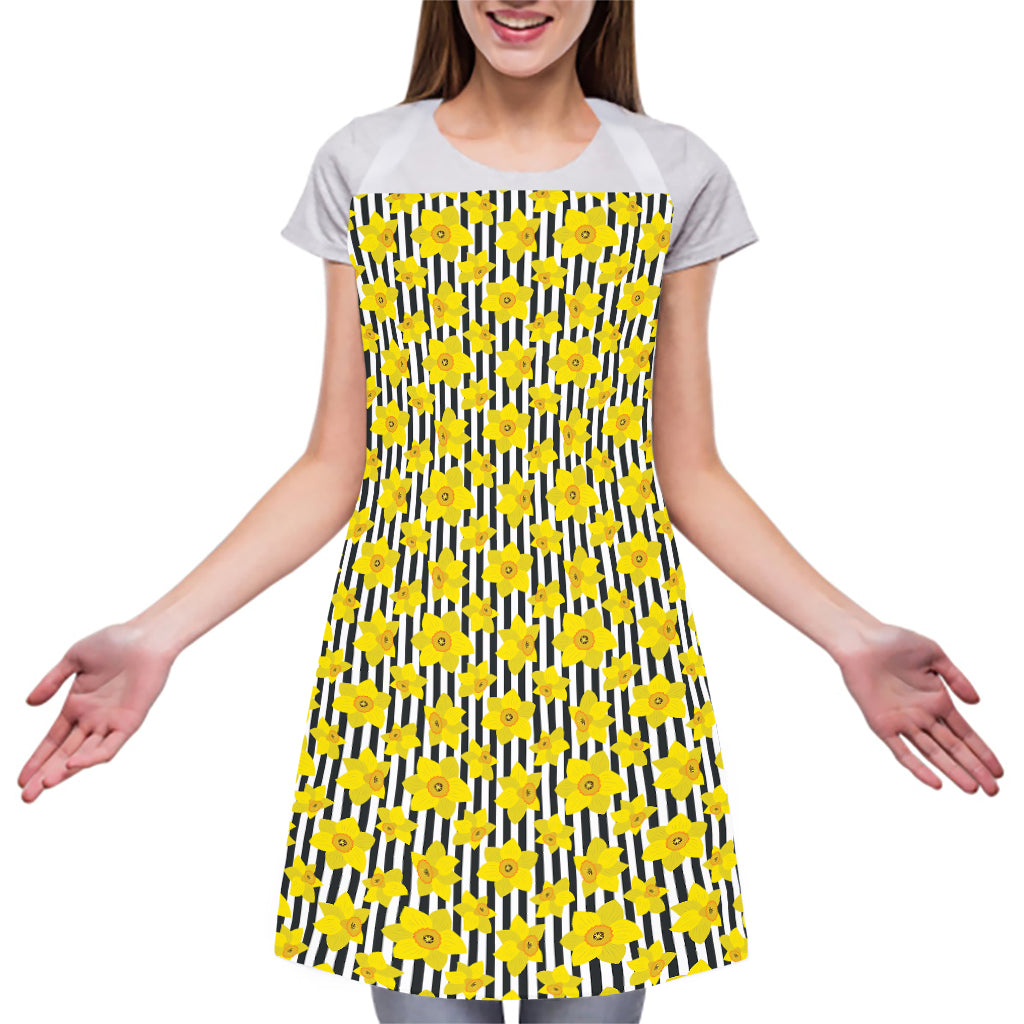 Black Striped Daffodil Pattern Print Adjustable Apron