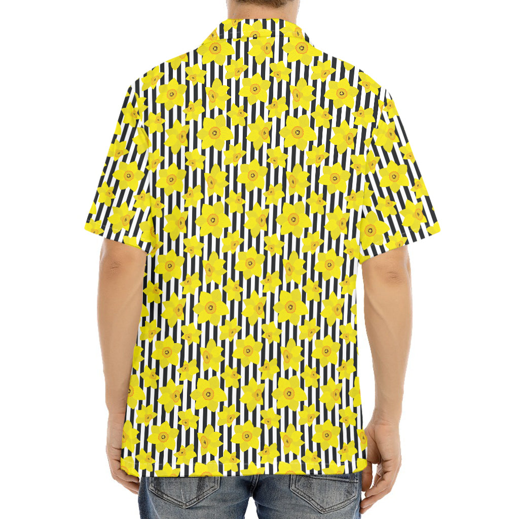 Black Striped Daffodil Pattern Print Aloha Shirt