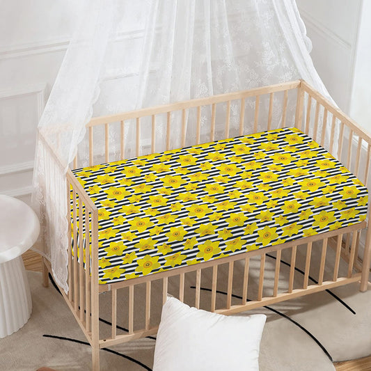 Black Striped Daffodil Pattern Print Baby Crib Sheet