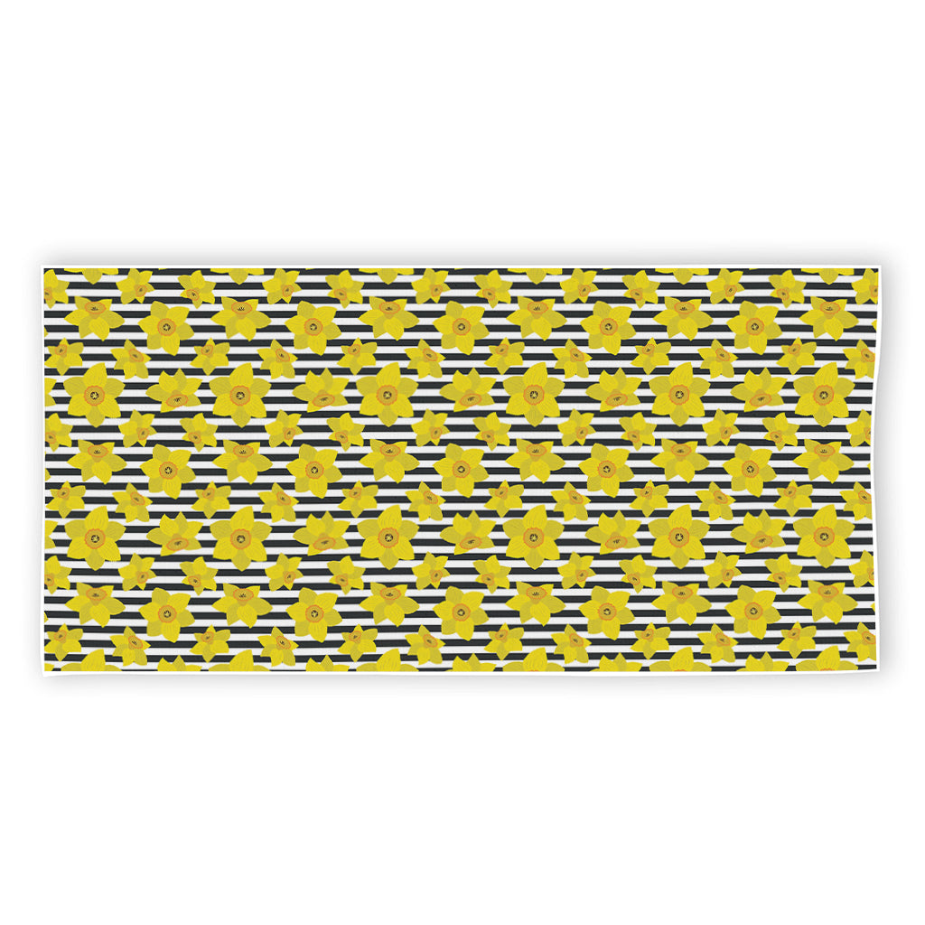 Black Striped Daffodil Pattern Print Beach Towel