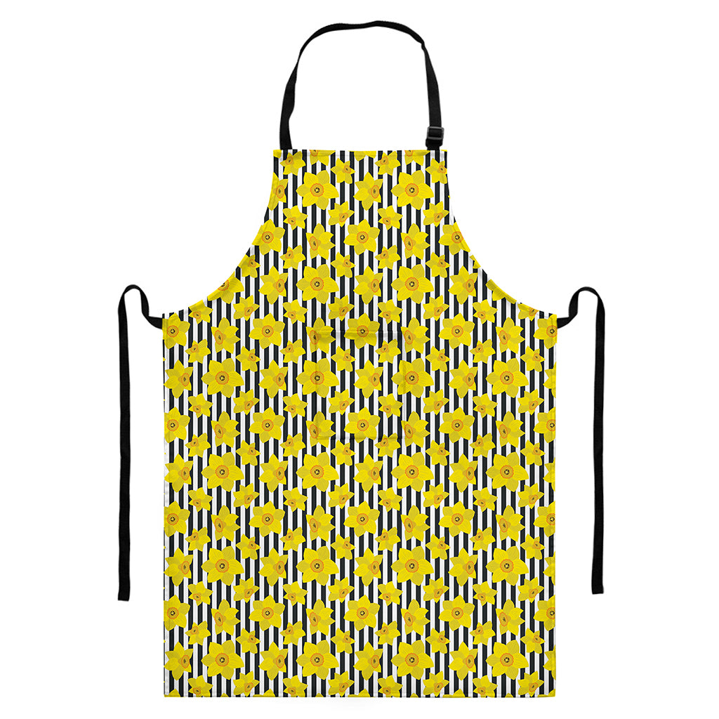 Black Striped Daffodil Pattern Print Bib Apron With Pocket