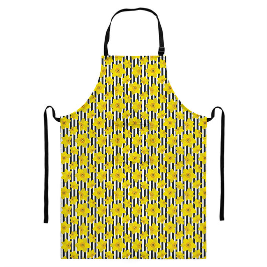 Black Striped Daffodil Pattern Print Bib Apron With Pocket