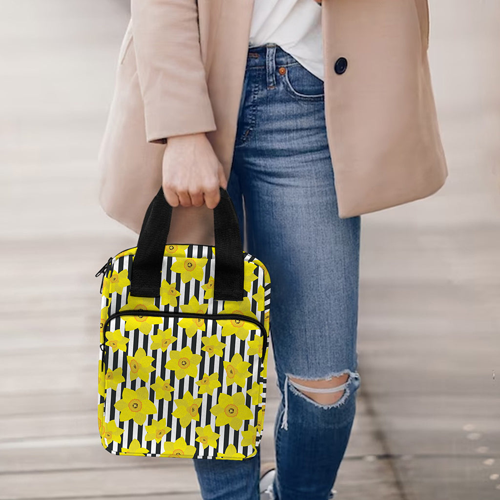 Black Striped Daffodil Pattern Print Bible Tote Bag