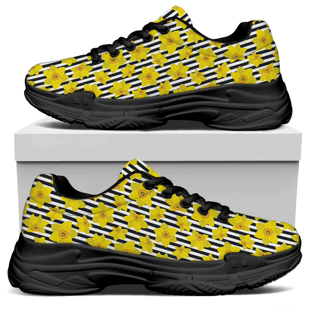 Black Striped Daffodil Pattern Print Black Chunky Shoes