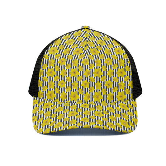 Black Striped Daffodil Pattern Print Black Mesh Trucker Cap