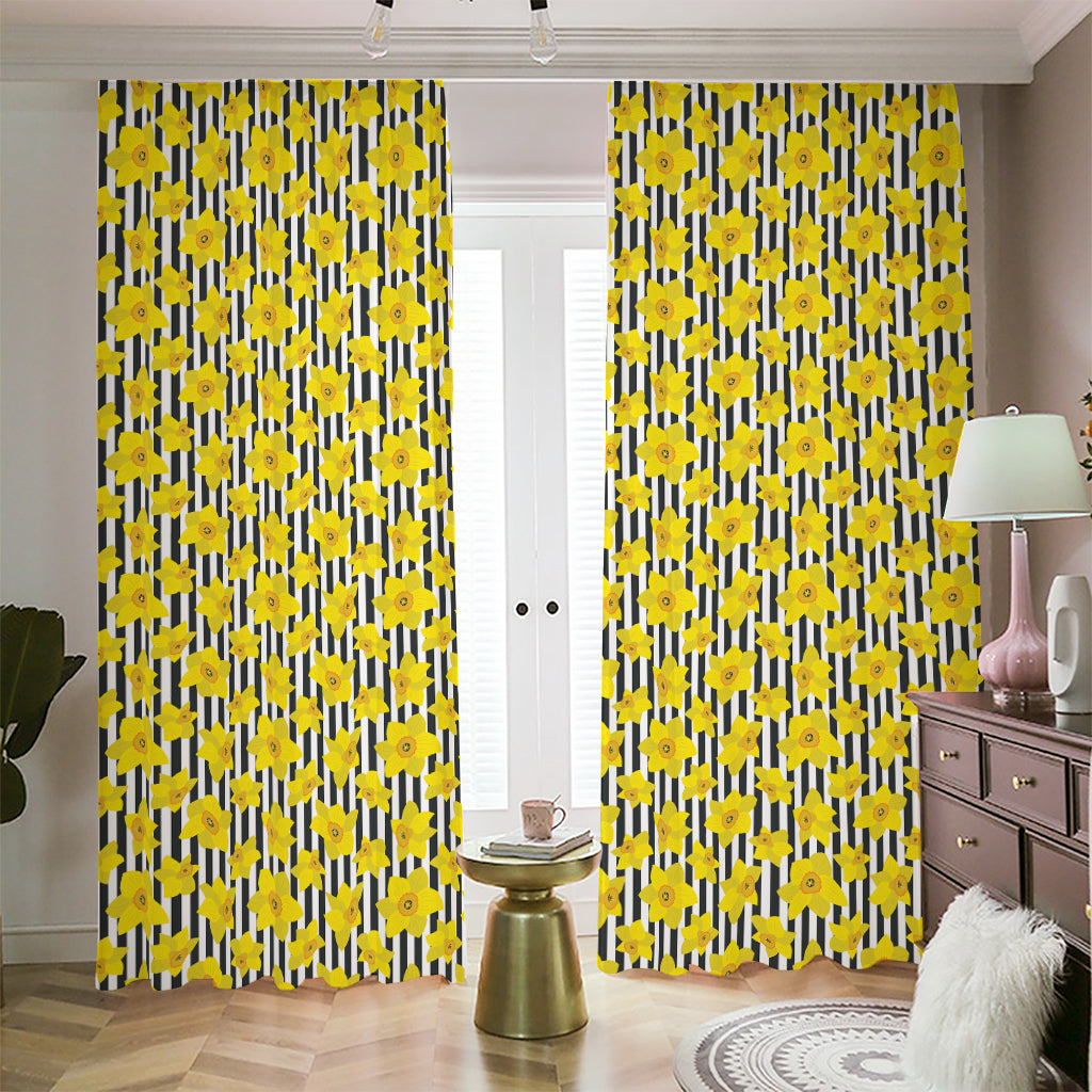 Black Striped Daffodil Pattern Print Blackout Pencil Pleat Curtains