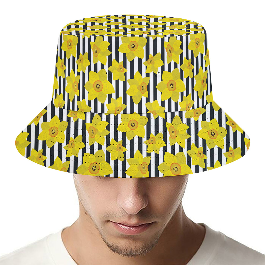 Black Striped Daffodil Pattern Print Bucket Hat