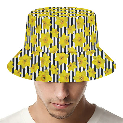Black Striped Daffodil Pattern Print Bucket Hat