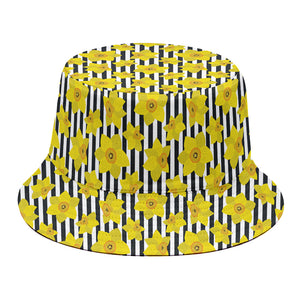 Black Striped Daffodil Pattern Print Bucket Hat