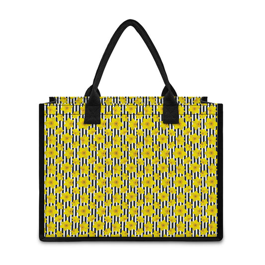 Black Striped Daffodil Pattern Print Canvas Tote Bag