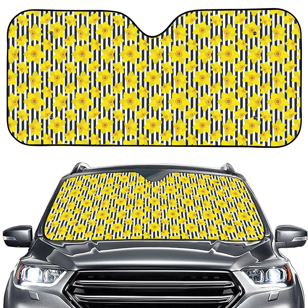 Black Striped Daffodil Pattern Print Car Windshield Sun Shade