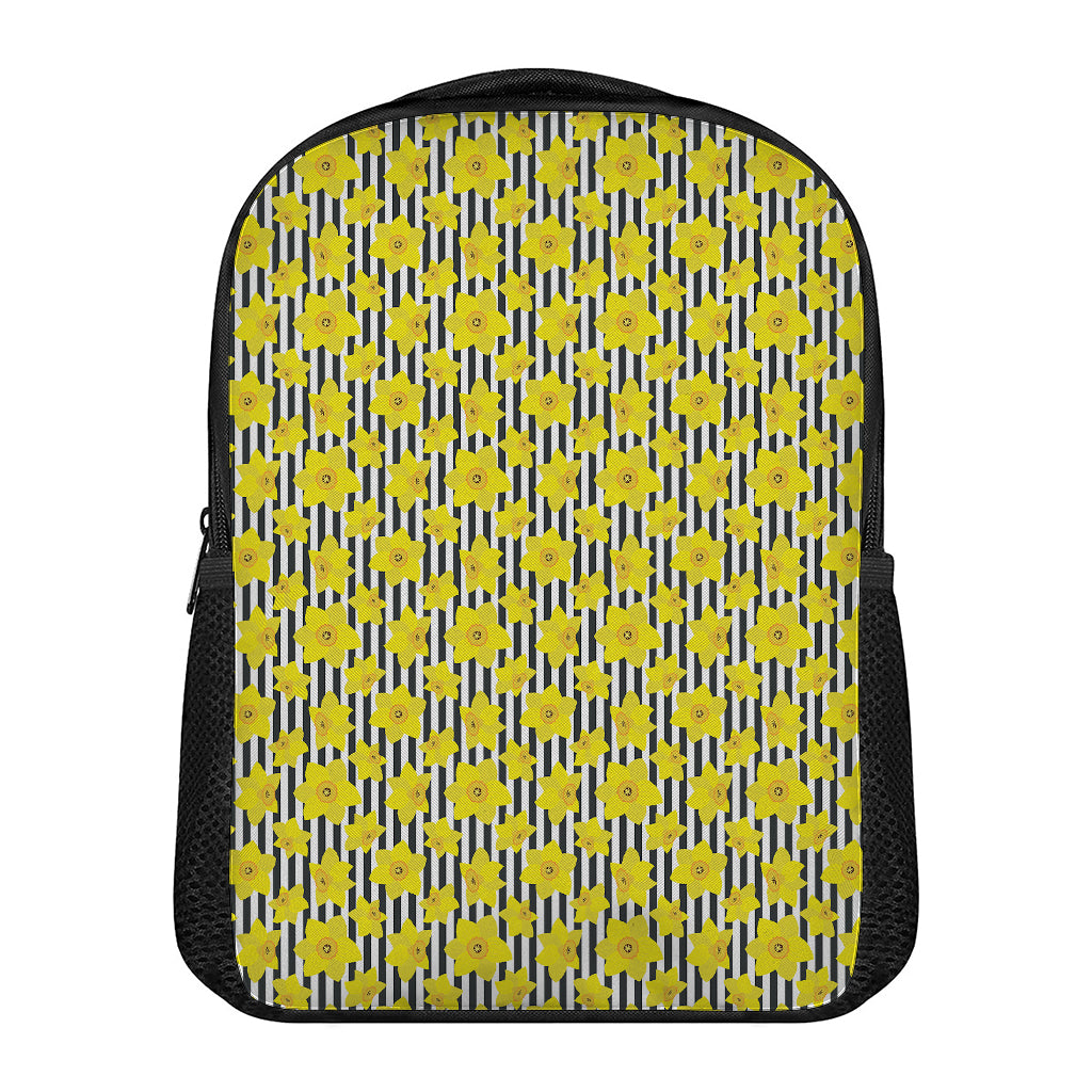 Black Striped Daffodil Pattern Print Casual Backpack