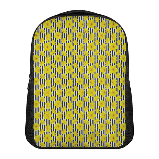 Black Striped Daffodil Pattern Print Casual Backpack
