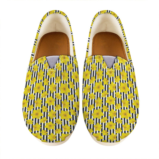 Black Striped Daffodil Pattern Print Casual Shoes