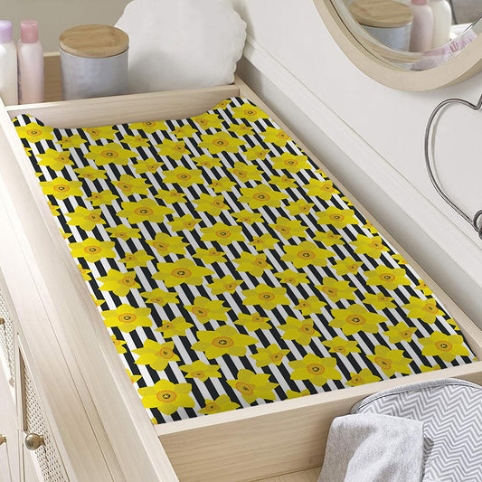 Black Striped Daffodil Pattern Print Changing Pad Cover