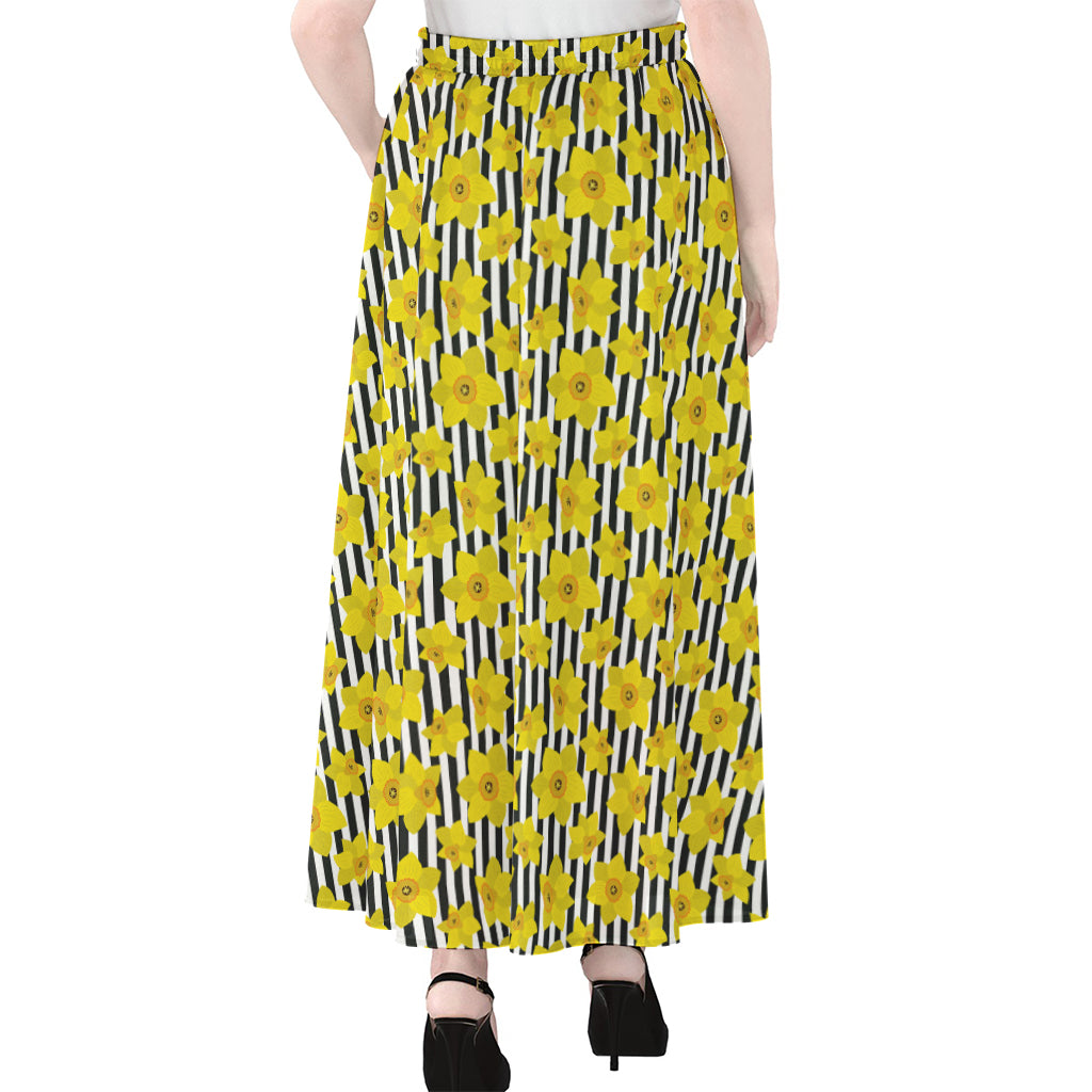 Black Striped Daffodil Pattern Print Chiffon Maxi Skirt