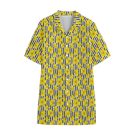 Black Striped Daffodil Pattern Print Cotton Hawaiian Shirt