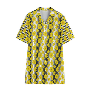 Black Striped Daffodil Pattern Print Cotton Hawaiian Shirt