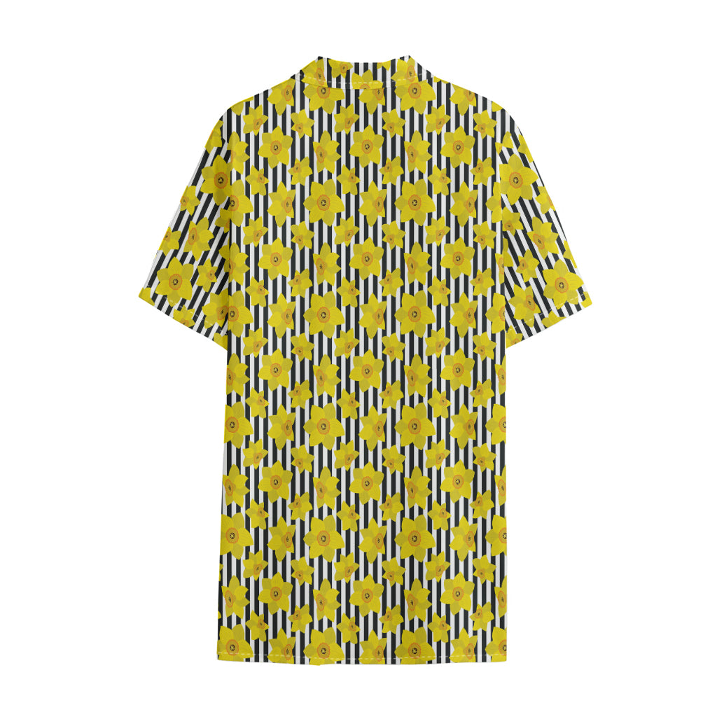 Black Striped Daffodil Pattern Print Cotton Hawaiian Shirt