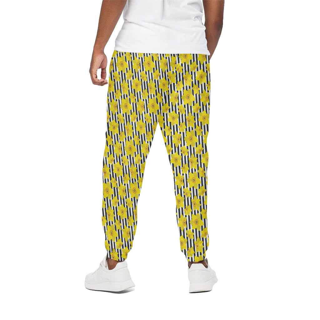 Black Striped Daffodil Pattern Print Cotton Pants