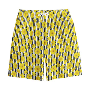 Black Striped Daffodil Pattern Print Cotton Shorts