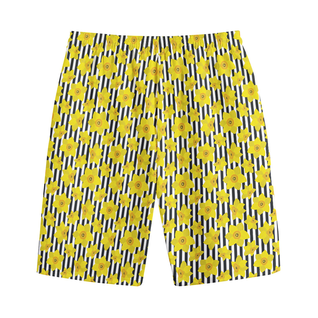 Black Striped Daffodil Pattern Print Cotton Shorts