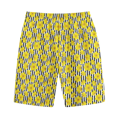 Black Striped Daffodil Pattern Print Cotton Shorts