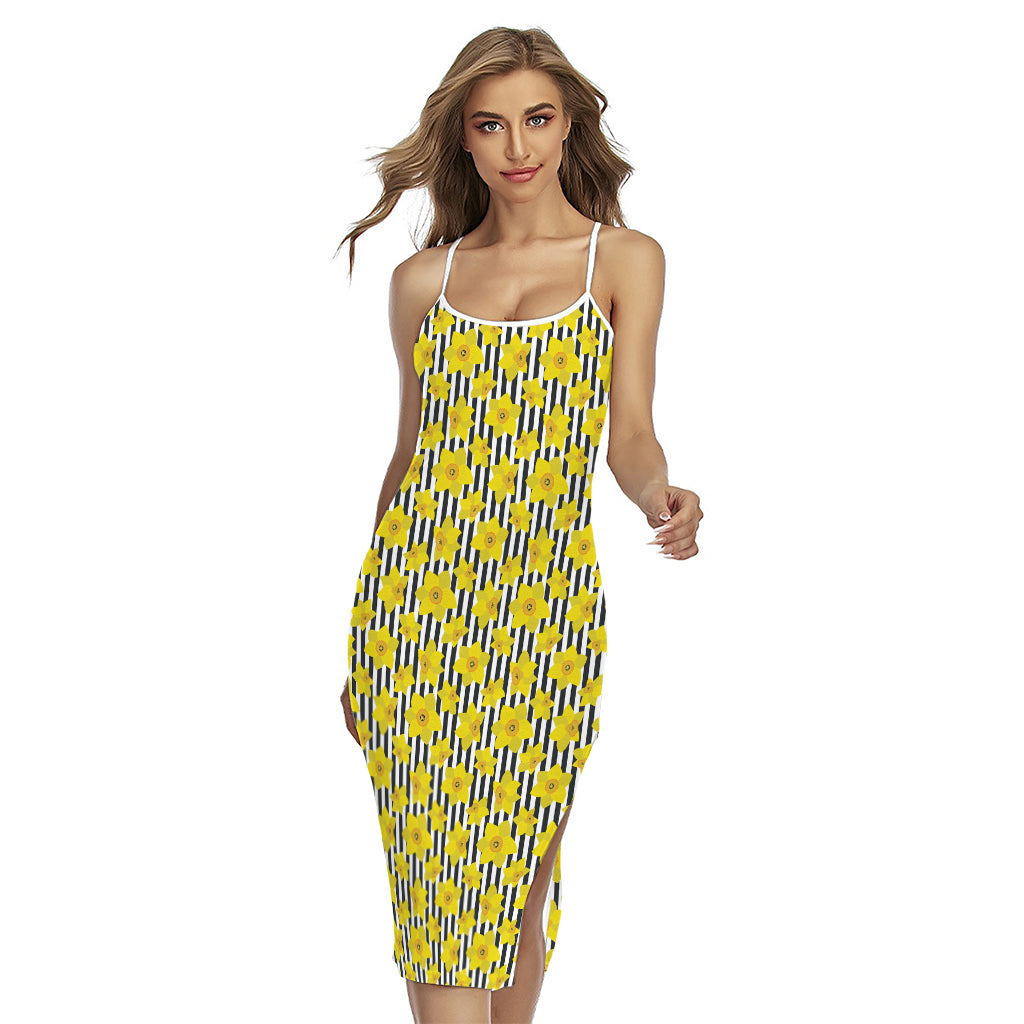 Black Striped Daffodil Pattern Print Cross Back Cami Dress