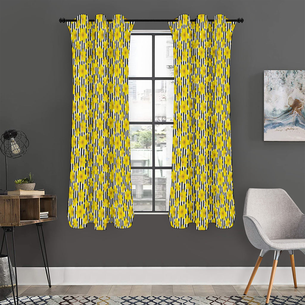 Black Striped Daffodil Pattern Print Curtain