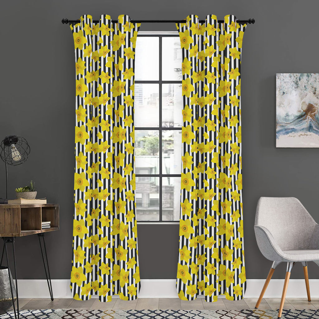 Black Striped Daffodil Pattern Print Curtain