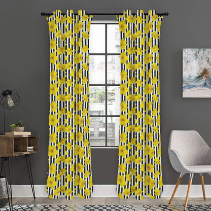 Black Striped Daffodil Pattern Print Curtain