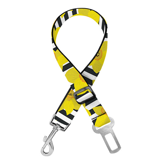 Black Striped Daffodil Pattern Print Dog Seat Belt