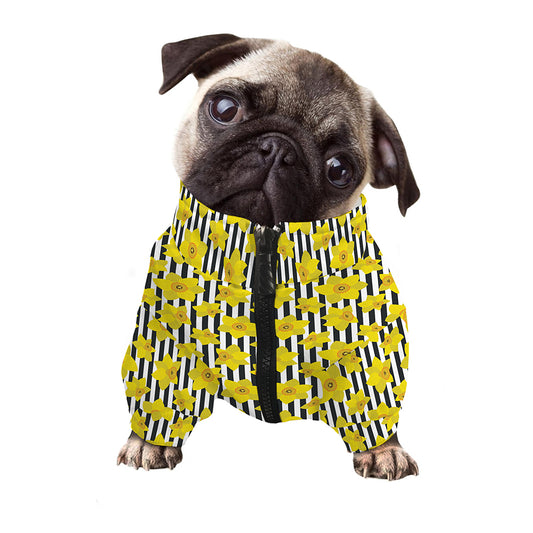 Black Striped Daffodil Pattern Print Dog Zip Up Jacket