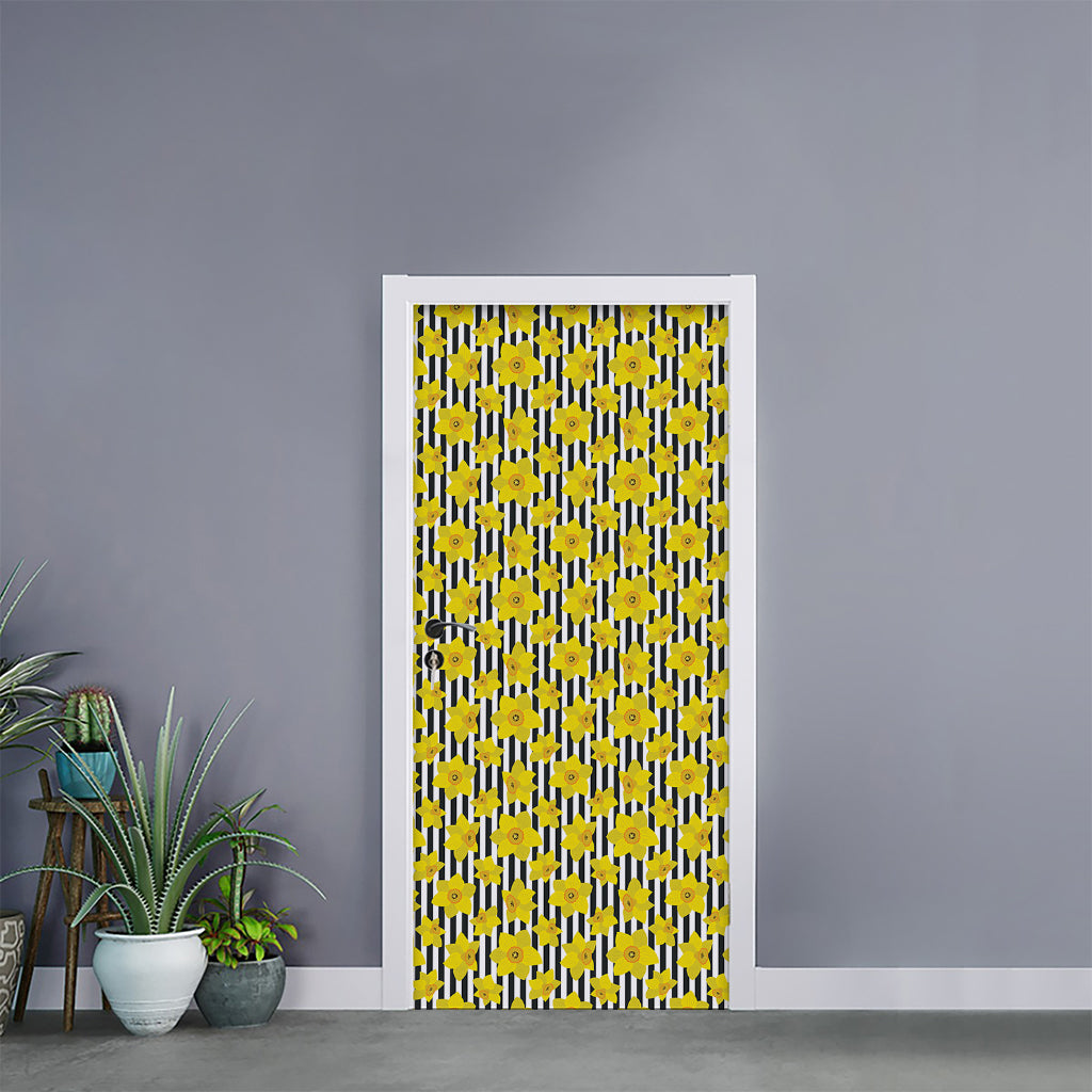 Black Striped Daffodil Pattern Print Door Sticker