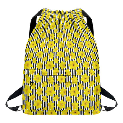 Black Striped Daffodil Pattern Print Drawstring Backpack