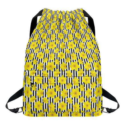 Black Striped Daffodil Pattern Print Drawstring Backpack
