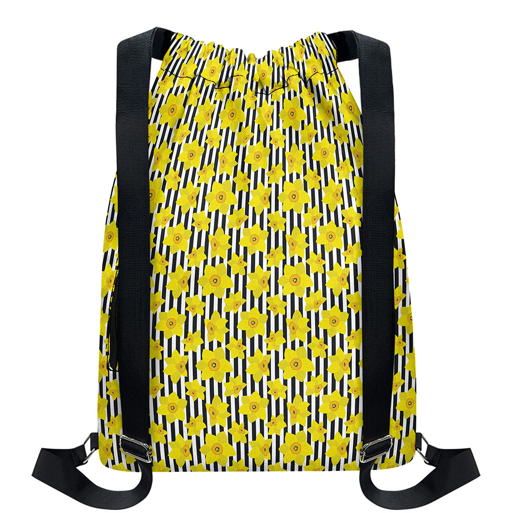 Black Striped Daffodil Pattern Print Drawstring Backpack
