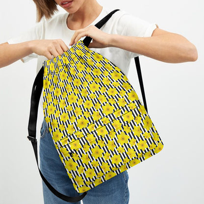 Black Striped Daffodil Pattern Print Drawstring Backpack